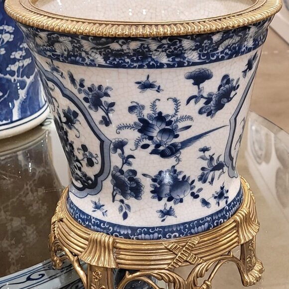 Blue, White Chinoiserie Porcelain Planter. Hand Painted. Bronze Accents (10"H) - Picture 7 of 9